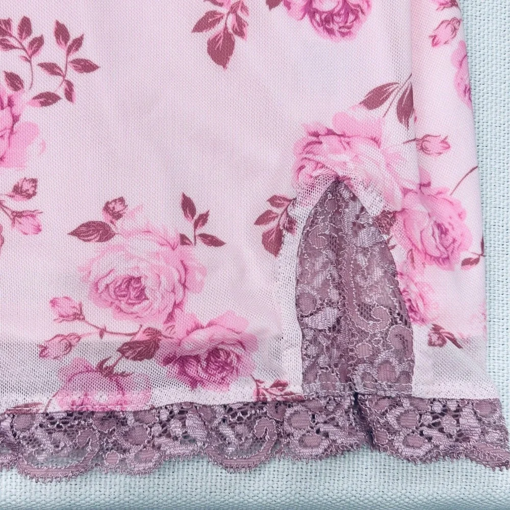 Pink Floral‎ Slip Dress Small Lace Trim Chemise Lingerie Nightgown Y2K Coquette